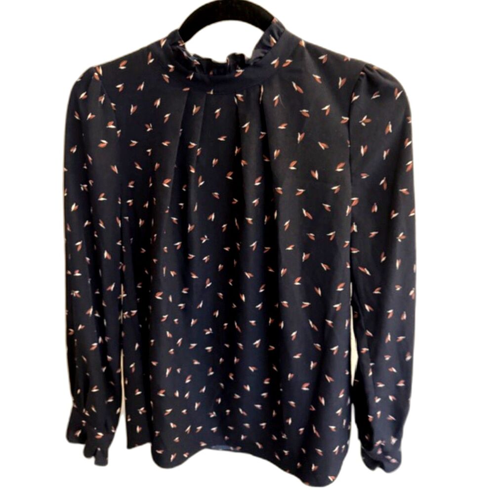 Roem Navy Print Blouse Ruffle Neck Long Sleeve Lightweight Top S/M